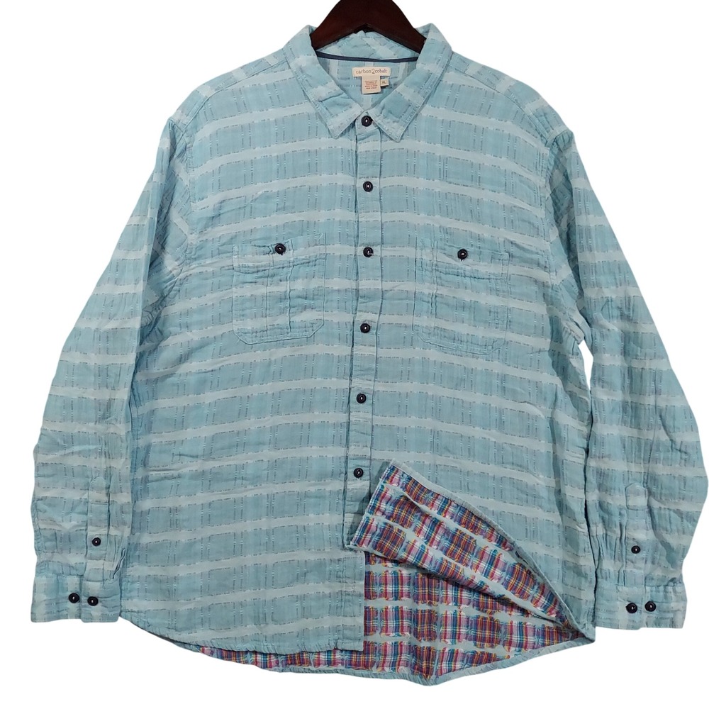Carbon 2 Cobalt Button Up Shirt Mens XL Blue Striped Dobby Long Sleeve Contrast
